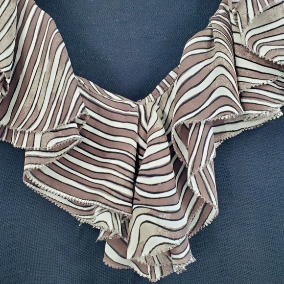 Tory Burch black wool sweater tan striped silk trim *flaw* - Picture 3 of 16